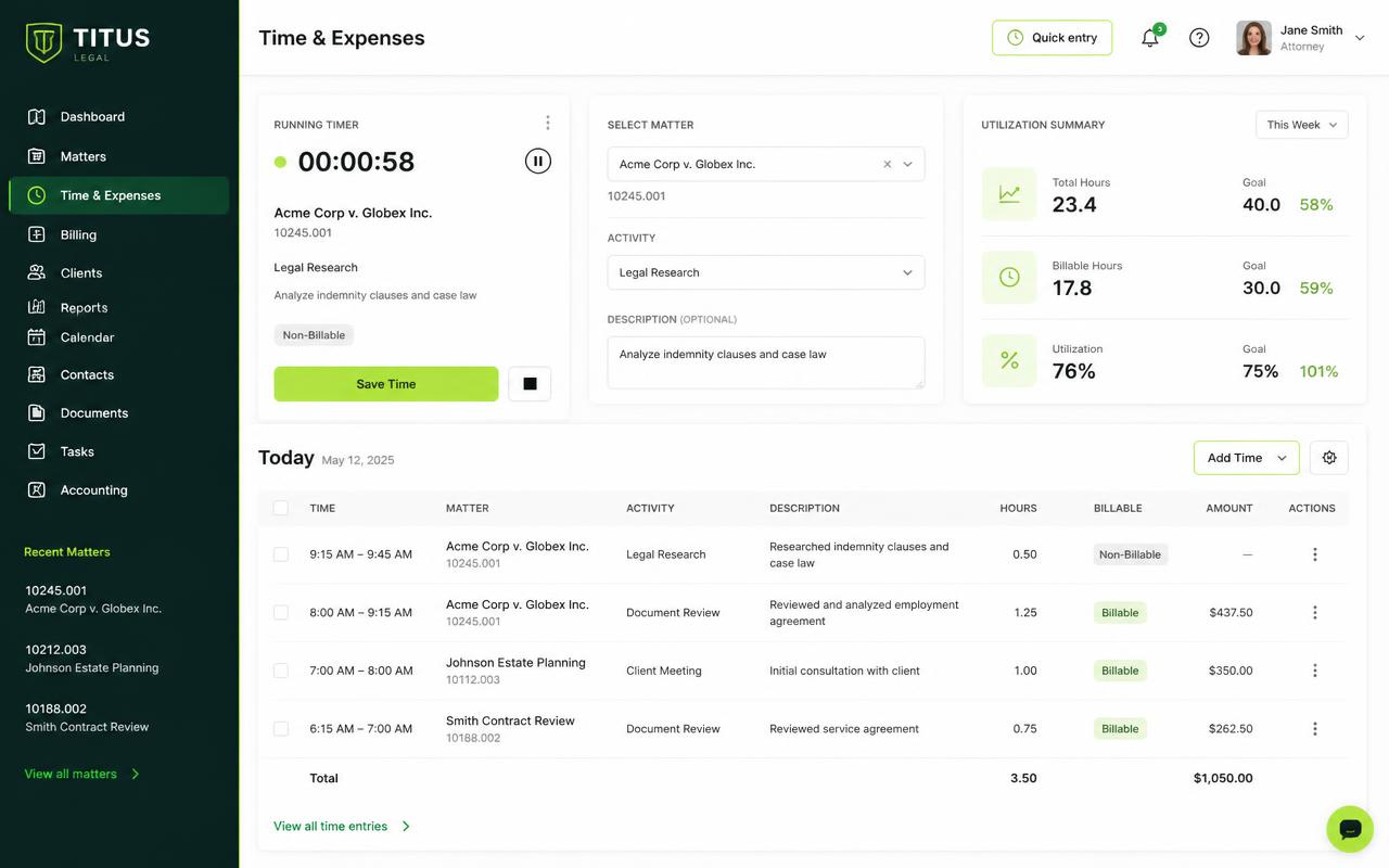 LeanLaw matter management view