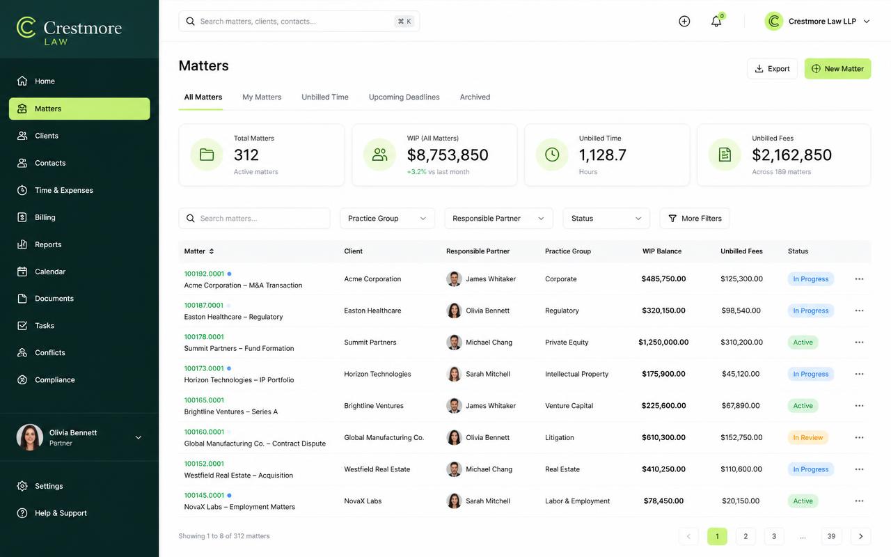 Aderant matter management view