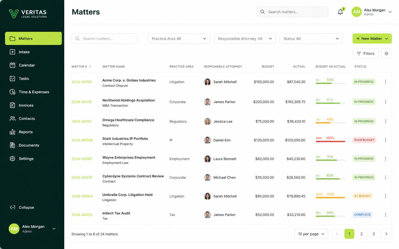 Legal Tracker matter management view